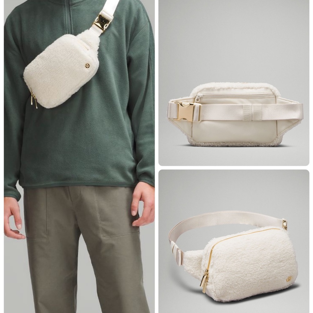 Lululemon Everywhere Ivory White Fleece Belt Bag 2L Gold Tone Hardware Sherpa